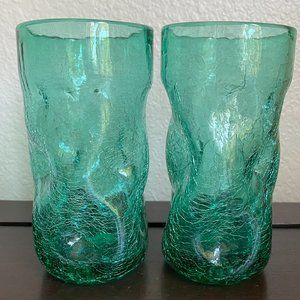 Blenko Handblown Art Glass Drinkware Tall Tumblers Crackle Pinched 6" Tall Set